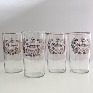 4 VTG Gold & Clear Budweiser King Of Beers Glasses Wreath of Hops 12oz. Bar Pub